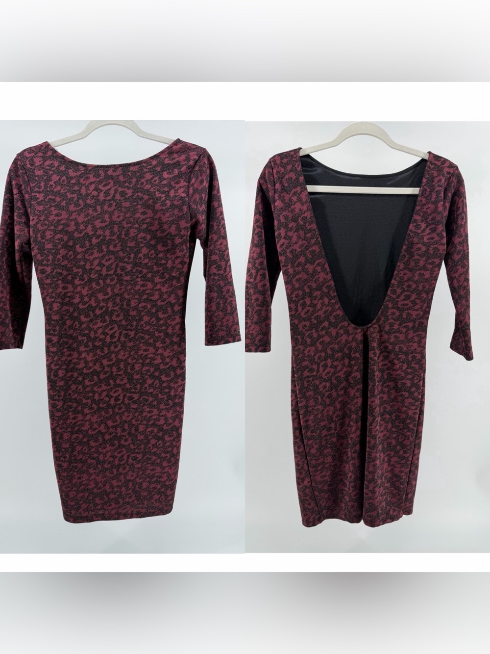 ZARA Y2K Burgundy Black Leopard Deep Scoop Back Fitted Dress, Women's Medium